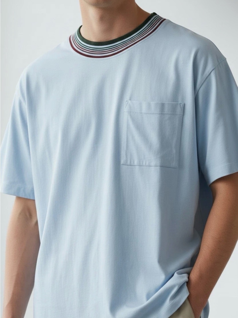 COS Light Blue Short-Sleeve Pocket Tee with Striped Rib Collar